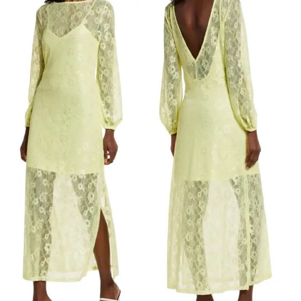Open Edit Light Yellow long sleeve sheer lace maxi dress sz XS NWT